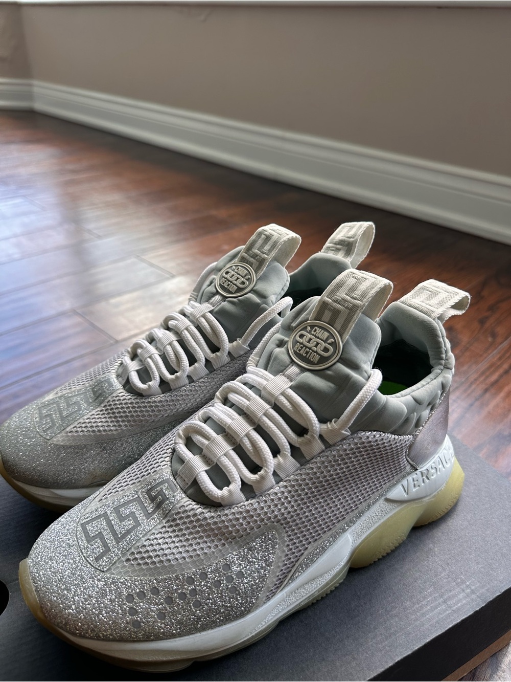 Versace Silver Glitter & Light Gray Chain Reaction Sneakers